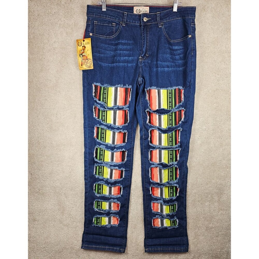 NWT L & B Lucky Blessed Womans Size 14 Distressed Serape Jeans